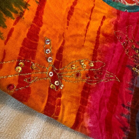 Indochine Colorful Blouse Embellished Sleeveless Top Tank sequins dragonfly Sz L - Picture 9 of 9